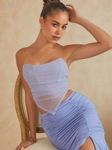 Hauture Vêtements d'automne pour femmes, Top tube simple de style quotidien en couleur unie bleue avec baleines, corset, Top transparent asymétrique, Top de pays, Top court, tenue de sortie - Violet - Voir 1