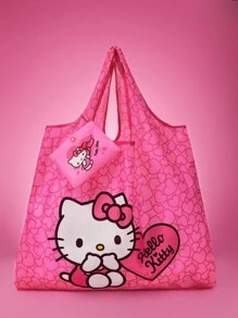 HELLO KITTY AND FRIENDS | SHEIN Bolsa de compras reutilizable y plegable con diseño de gato con corazón, hecha de RPET rosado - Rosa - Ver 2