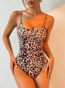 SHEIN EZwear Body sin mangas con estampado de leopardo de estilo para mujer para el verano - Caqui - Ver 4