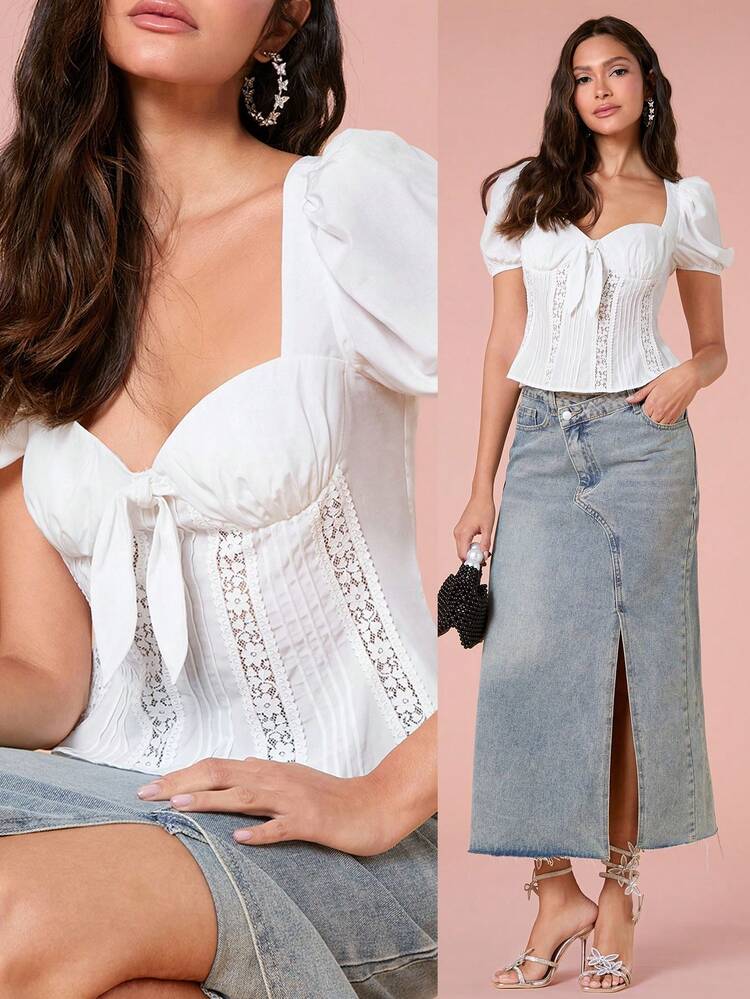 Women's Summer Casual Solid Color Sweetheart Neck Puff Sleeve Contrast Lace Shirt