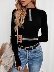 EMERY ROSE Women's Spring And Autumn Diamond Decorated Stand Collar Long Sleeve Slim Fit Sweater