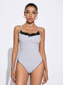 SHEIN SXY 女士撞色蕾丝蝴蝶结装饰无袖紧身衣 - 灰色 - 查看 6