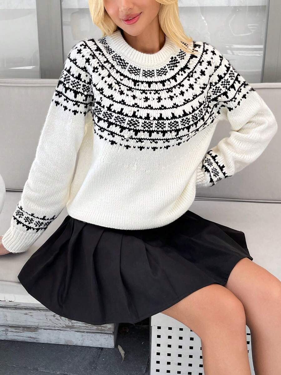 EURMUSE Knitwear Sweater With Fairisle Pattern And Embellishment - Black and White - View 1