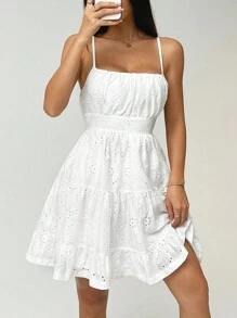 SHEIN EZwear Women's Summer Casual Solid Color Hollow Out Embroidered Spaghetti Strap Mini Dress