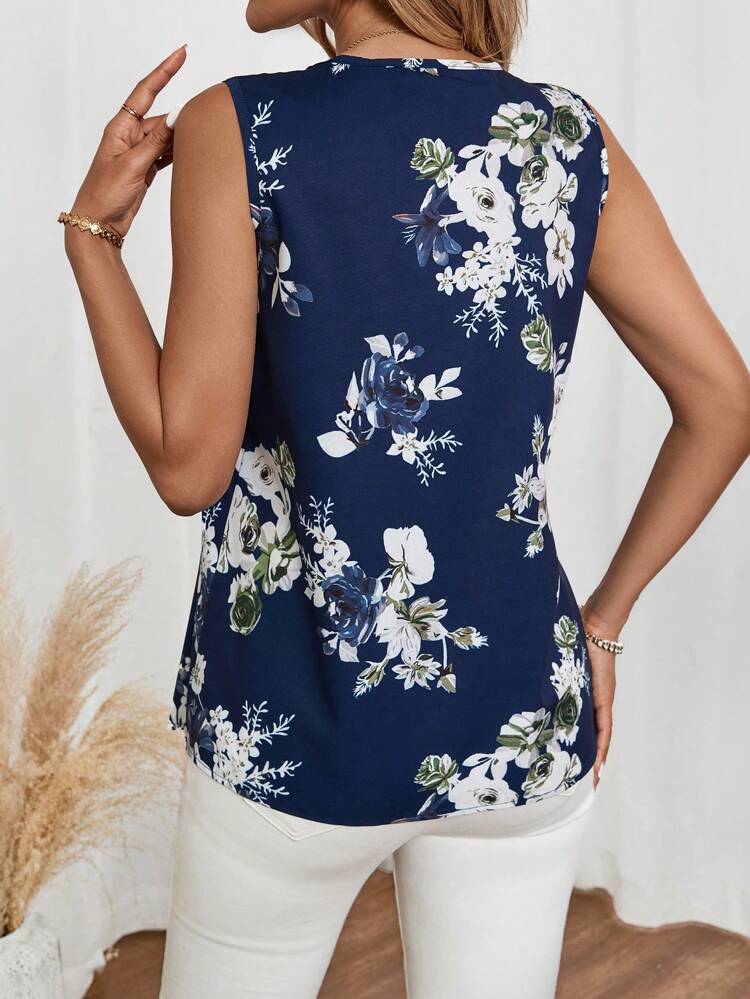 Camicetta asimmetrica a fiori estiva casual da donna con decorazione a bottoni