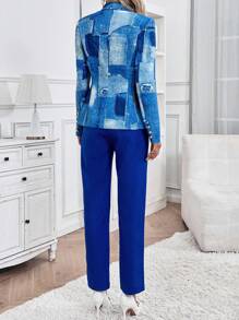 SHEIN Clasi Traje de oficina elegante compuesto por chaqueta blazer y pantalones con estampado de patchwork, decoración de botones metálicos para dama en primavera y otoño - Azul - Ver 2