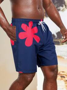Manfinity Swimmode Plus Size Men's Floral Print Beach Shorts With Drawstring Waist
