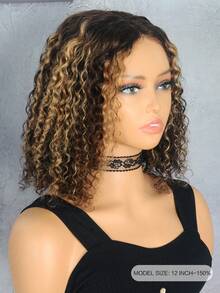 非膠水BOB短卷水波鬆緊編鬆緊編人髮鬆緊編頭套5x5蕾絲封閉頭套P4/27漸層高光金色自然亮黃色即戴式女士鬆緊編 - S4/27 - 查看 3