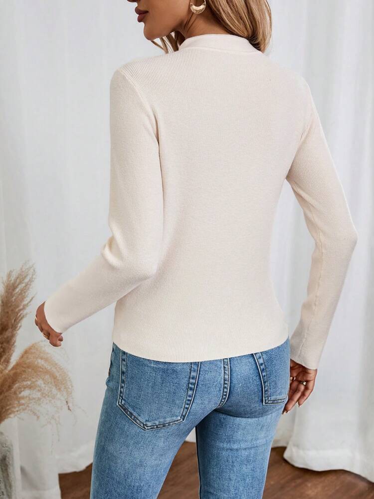 Women's Solid Color Long Sleeve Button-Up Slim Fit Elegant Pullover Sweater, Autumn/Winter Fall Sweaters Beige Sweater