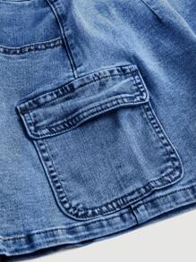 SHEIN MOD 女士简约前扣多口袋牛仔半身裙，休闲日常穿着 - 深色水洗藍 - 查看 3