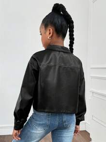 SHEIN Tween-Mädchen Lässig Schwarz Kragen Tasche Metall Schnalle PU Kurze Bomberjacke
