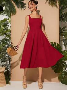 L'Amorae Square Neck Sleeveless Solid Dress - Red - View 4