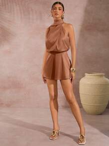 L'Amorae 不对称立领垂褶缎面连身裤 - 棕色 - 查看 6