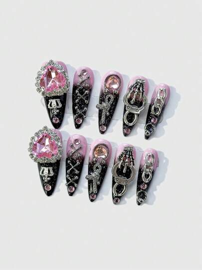 ROMWE Avant 10 pezzi Punte per unghie finte lunghe con catena metallica a forma di cuore e croce stile Y2K Hot Girl, con un rotolo di nastro, unghie finte, nero e rosa