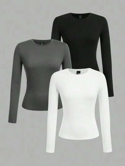 SHEIN EZwear 3 قطع مجموعة تيشيرت كاجوال بأكمام طويلة وياقة دائرية للنساء، مناسب للربيع والخريف والشتاء، عودة إلى المدرسة، كاجوال للعمل، مكتبي، للعمل