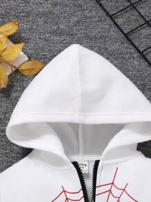 SHEIN Young Boy Casual Spider Print Loose Fit Hooded Sweatshirt, Thermal Lined, Autumn & Winter