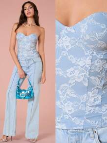 Enchnt 女士優雅緊身蕾絲胸衣上衣，帶有花卉圖案 - 藍色 - 查看 1