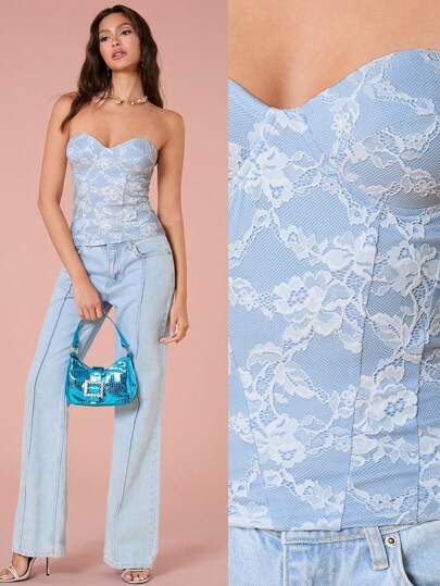 Enchnt Women's Elegant Bodycon Lace Bustier Top With Floral Patterns