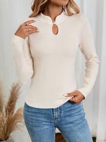 EMERY ROSE Suéter pulôver elegante feminino de cor sólida manga comprida com botões slim fit, outono/inverno - Damasco - Ver 1