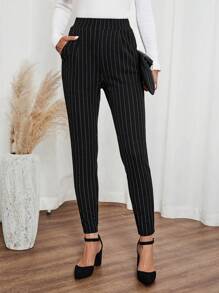 EMERY ROSE Women's Black Striped Pocket Skinny Casual Pants Dress Pants Fall Pants