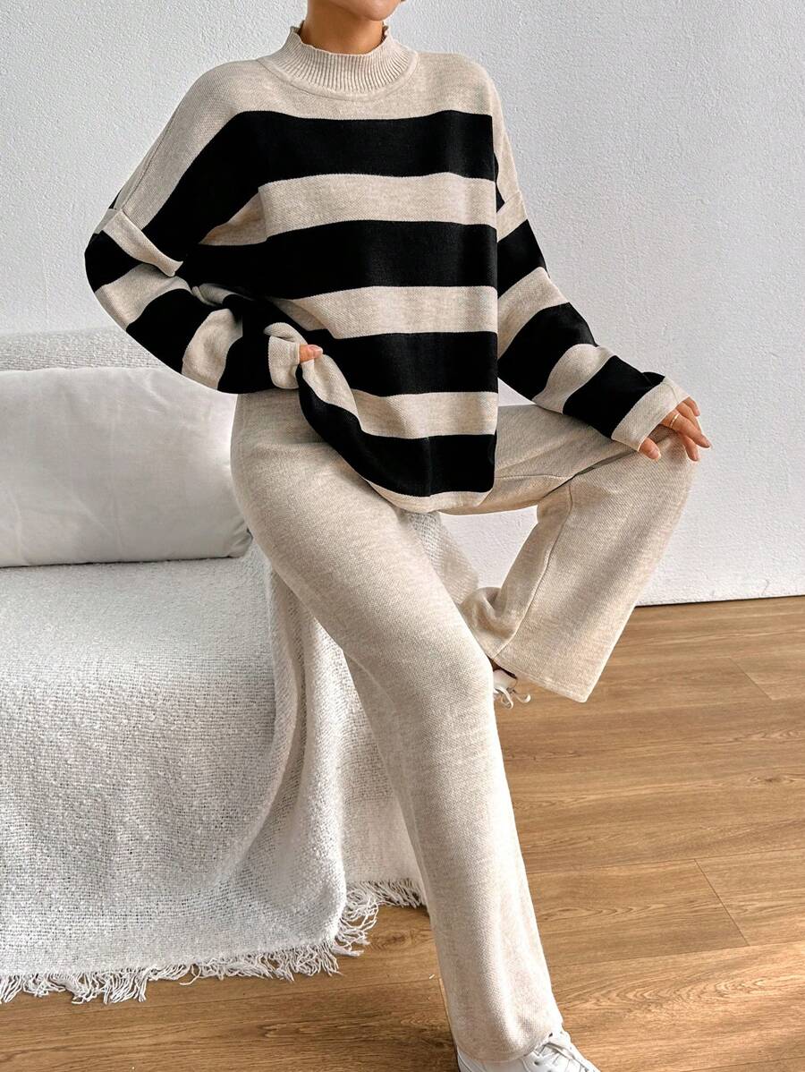 EURMUSE Striped Pattern Drop Shoulder Sweater & Knit Pants - Black and White - View 1