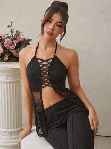 L'Amorae Split Hem Lace Up Halter Neck Sleeveless Top - Black - View 1