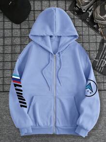 INAWLY 女士休闲花卉印花连帽衫、长袖上衣 - 藍色 - 查看 3