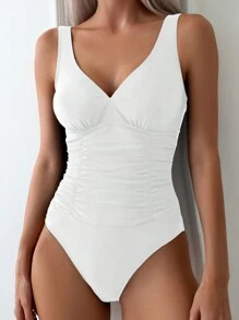 Swim Basics Women's Ruched Sleeveless One-Piece Bathing Suit, Stylish And Sporty Summer - White - View 6