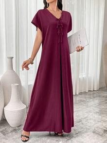 Al Najma 酒红色 V 领蝴蝶结吊带优雅曼妙连衣裙 - 酒紅色 - 查看 5