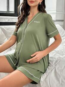 Maternity Contrast Trim Letter Embroidered Open Front Top And Shorts Loungewear Set - Army Green - View 4