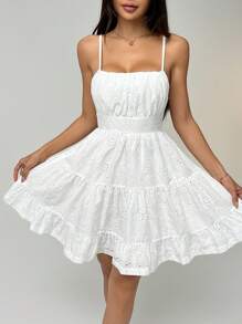 SHEIN EZwear Women's Summer Casual Solid Color Hollow Out Embroidered Spaghetti Strap Mini Dress