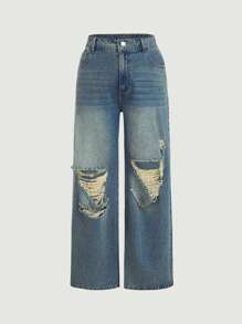 SHEIN MOD Quần jean ống loe thường ngày cỡ lớn dành cho nữ, màu xanh đau khổ - Rửa tối - Xem 1