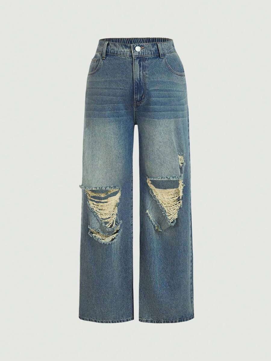 SHEIN MOD Quần jean ống loe thường ngày cỡ lớn dành cho nữ, màu xanh đau khổ - Rửa tối - Xem 1