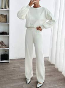 RueChic Woman Top And Bottom Rhinestones Detailed Cozy Soft Long Length Sweater Co-Ords