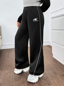 Tween Girl Casual Reflective Stripe & Star Print Sports Pants, Back To School Outfit - Grey - View 7