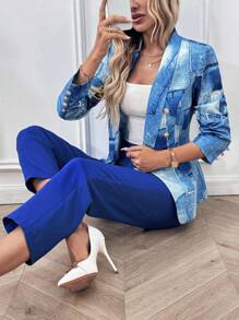 SHEIN Clasi Traje de oficina elegante compuesto por chaqueta blazer y pantalones con estampado de patchwork, decoración de botones metálicos para dama en primavera y otoño - Azul - Ver 1