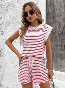 SHEIN LUNE 2 件套休闲条纹圆领 T 恤和前系带短裤 - 酒紅色 - 查看 6