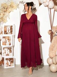 Loomaby Gender Reveal Dress Burgundy Maternity Spring/Autumn Elegant Solid Color Bell Sleeve Dress For Baby Shower Party - Burgundy - View 5