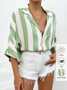 EURMUSE 100%Cotton Women's Batwing Sleeve Striped Shirt - Green - View 1