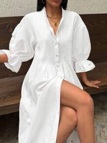 EURMUSE 女士鬆身休閒連衣裙，帶褶襟領和喇叭袖 - 白色 - 查看 2