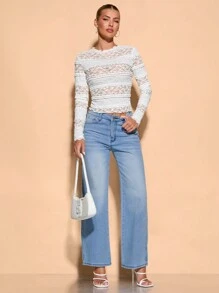 SHEIN BAE Áo ren viền ren bán trong suốt màu trắng thanh lịch cho ngày lễ mặc - trắng - Xem 3