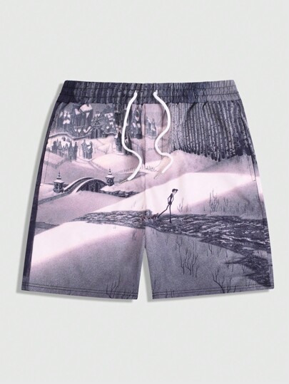 Corpse Bride | ROMWE Men's Cartoon Character Printed Drawstring Waist Loose Shorts For Summer, School