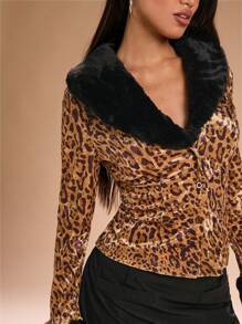SHEIN SXY Fuzzy Patchwork Leopard Print Velvet Cardigan Sweater Bodycon T-Shirt For Women (Fluffy Cuff & Collar) Fall Winter Women Clothing - Brown - View 5