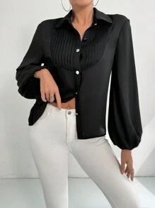 Modelyn Chemise à manches lanterne de couleur unie décontractée pour femmes, printemps automne