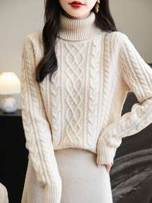 女士 100% 美利奴羊毛高领毛衣 秋冬休闲麻花图案保暖柔软长袖针织毛衣