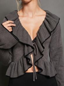 WESTFADE Coquette Stretch Ruffled Contrast Going Out Sweater - Dark Grey - View 9