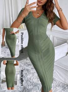 SHEIN Clasi Summer Casual Solid Color Slim-Fit Short Sleeve Sweater Dress - Army Green - View 1