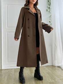 SHEIN EZwear 女士时尚双排扣系带长款风衣，秋季 - 摩卡棕 - 查看 4
