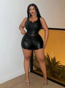 Slaydiva Plus Size Lato Casual Prosty Ulica Motocykl Muzyka Festiwal U-Neck Bez Rękawów Czarny PU Tank Top - Czarne - Zobacz 3