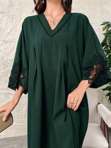 Al Najma Women's Elegant Floral Embroidered Batwing Sleeve Modest Arabian Dress, Spring Summer, Kaftan & Jalabiya - Dark Green - View 3
